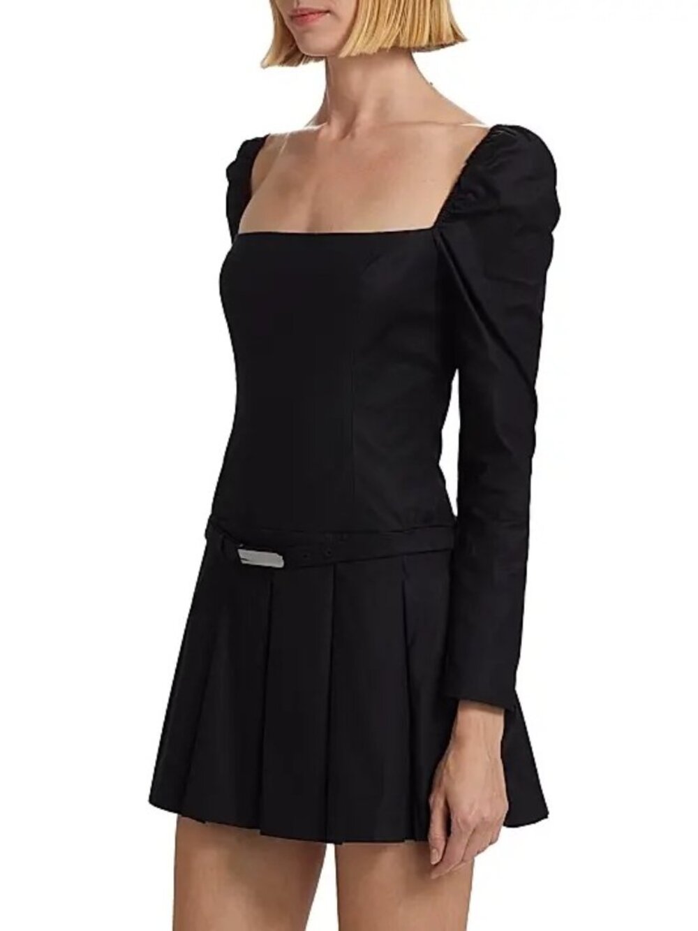 Reformation Dress Size 6 Mini Luella Poplin Long Sleeve Black Pleated Square Nec - Picture 3 of 14